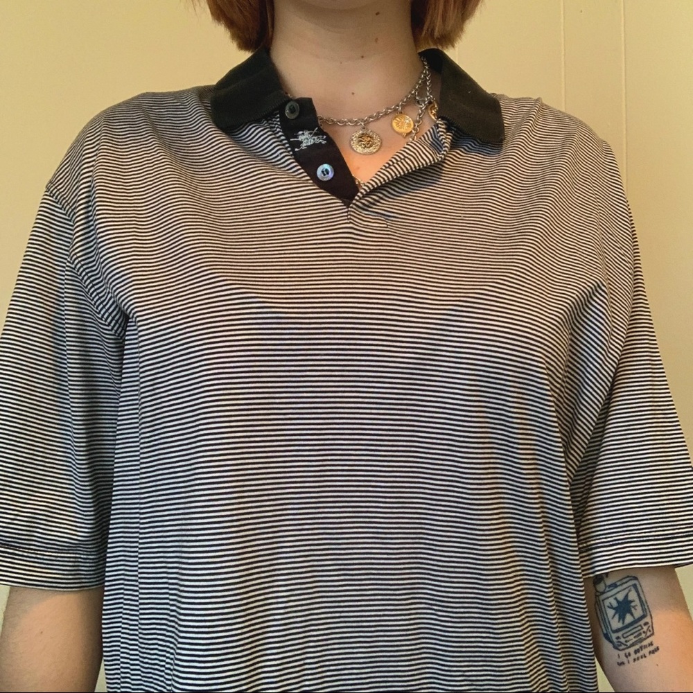 Burberry Black and White Striped Polo Tee Shirt